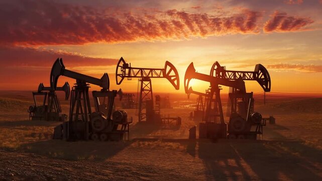 Pumpjacks silhouetted against vibrant sunset at oil field: energy, industry, and nature in motion