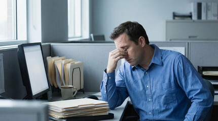 Man looking tired at office cubicle and rubbing his forehead  
