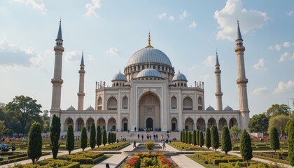 Naklejka premium Stunning white mosque with large dome and minarets in beautiful garden