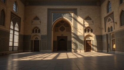 Obraz premium Ornate interior of a historic mosque with arched doorways and patterned tiles