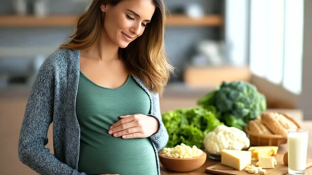 Essential pregnancy nutrients visualization, defocused healthy foods background, folic acid iron calcium and protein importance, mother's wellbeing and baby's proper growth,