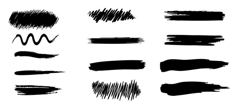 Black brush stroke collection with hand drawn ink lines and scribble marks, vector design elements isolated on transparent background. Great for design accents, underline effects, text highlights.