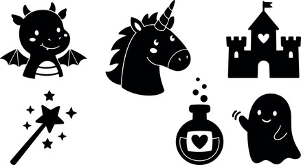 Fototapeta premium Flat silhouette cute unicorn dragon castle magic wand potion ghost icons set for children playful vector art minimal black shapes
