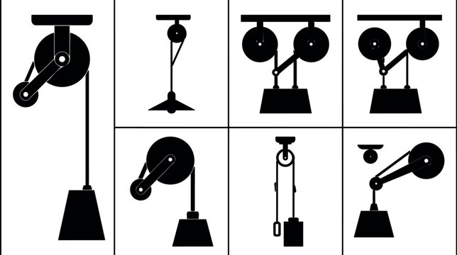 Flat design mechanical pulley icon set showing hanging weights different angles linkages levers and counterweights in silhouette front view top