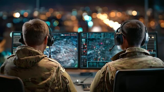 Faceless servicemen with communication headsets watching animated logistics simulation, defocused back view inside buzzing war room, supply lines across warzone terrain, with copy