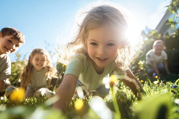 Fototapeta premium Children participating in an Easter egg hunt in a sunny garden