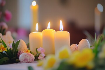 Fototapeta premium A beautifully tranquil arrangement showcasing candles, vibrant blossoms, and decorative eggs, perfect for spring themes