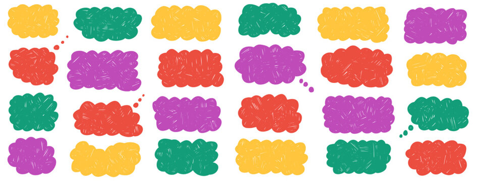 Playful kids crayon shape for text. Fluffy frame label and colorful speech bubble. Scalloped sticker for promo badge, scribble and doodle. Cloudy pastel pencil and fluffy frame. Vector shapes.