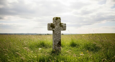Ancient celtic cross standing in a lush green field under a cloudy sky