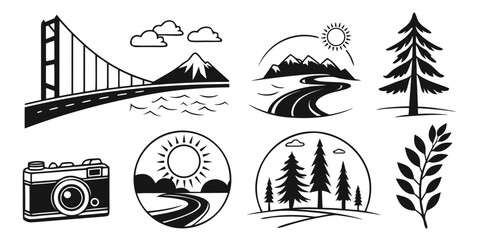 Iconic symbols representing various natural and man-made landmarks and phenomena Vector © Maisa