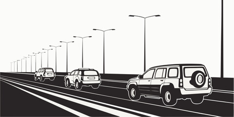 A line of emergency vehicles including a fire truck, ambulance, and police car on a highway. Vector © Maisa