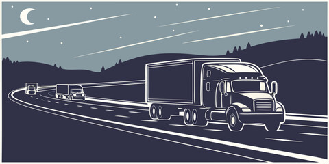 A vintage train travels through a picturesque countryside landscape under a starry night sky. Vector © Maisa