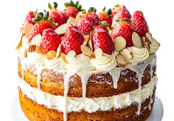 Photo of a delicious strawberry cake topped with fresh strawberries and almond slices on cream