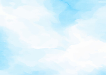 Soft watercolor blue sky with fluffy white clouds. Light pastel gradient creates a serene, airy atmosphere, perfect as abstract background, wallpaper or calming design backdrop.