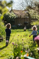 Fototapeta premium Children participating in an Easter egg hunt in a sunny garden