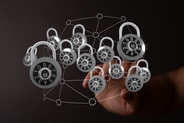 Hand holding digital padlocks, network security concept, internet privacy, digital protection, data protection, secure a