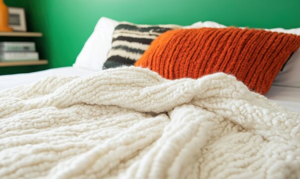 Cama aconchegante com manta de tric&ocirc; branca grossa, travesseiro laranja vibrante e parede verde ao fundo criando um ambiente moderno.
