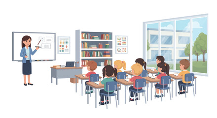 Fototapeta premium Teacher Instructing Students in a Bright Classroom with Large Windows