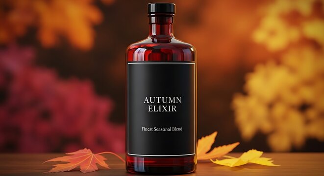 Amber bottle with black label surrounded by autumn leaves.