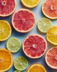 Fototapeta premium Colorful Citrus Slices: A Vibrant Still-Life of Juicy Oranges, Lemons & Limes - Perfect for Healthy Summer Recipes