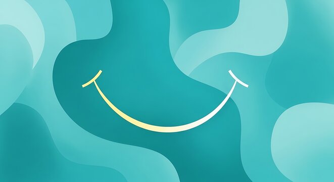 Abstract teal and aqua wavy shapes form a subtle smiling face graphic.