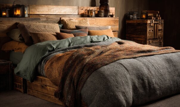 Quarto r&uacute;stico aconchegante com cama de madeira maci&ccedil;a, travesseiros confort&aacute;veis e ilumina&ccedil;&atilde;o quente de lanternas em ambiente de cabana.
