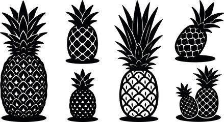 Obraz premium Flat vector silhouette compilation of multiple pineapple icons close up with varied scales and overhead oval shadows decorative tropical arrangement