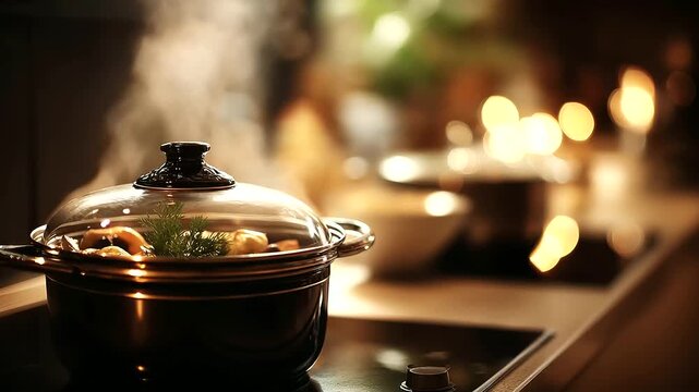 Gentle slow cooking heat concept, defocused cooking pot background, retaining essential vitamins, lowering harmful substance creation, nutritious food preparation, with copy space