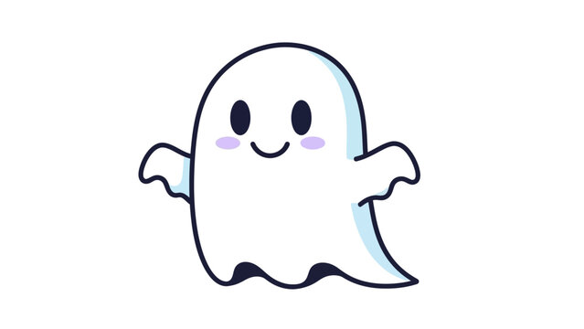 Cute cartoon ghost character with blush cheeks and waving arms, isolated on white background