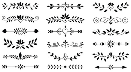 Collection of ornate black decorative dividers and floral motifs isolated on white background, classic ornamental frame elements, detailed baroque inspired flourishes, refined minimalist monochrome © MOSAKAYRUNNAHAR
