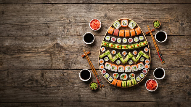Sushi rolls arranged in the shape of an Easter egg on a wooden table with soy sauce, creative holiday food presentation, fusion cuisine concept, festive dining, Easter.