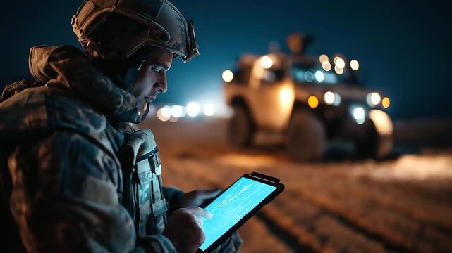 Desert outpost under clear night sky, faceless troops monitoring border surveillance on tablet, defocused Starlink antenna beaming data, satellite communication showcase, with