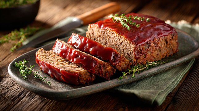 Classic homemade meatloaf sliced thickly, glossy ketchup glaze on top, served on a rustic ceramic platter, dark wooden farmhouse table, warm natural window light, cozy comfort-food atmosphere
