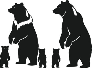 Collection of black bear silhouettes featuring large grizzly bears standing upright with small cubs for wildlife nature projects forest animal icons and decorative graphic design © MstAnkhi