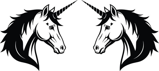 Collection of black and white unicorn head silhouettes with majestic manes and spiraled horns for fantasy mythology projects magical creature logos and decorative art © MstAnkhi