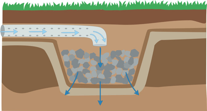 Rain garden cross-section diagram showing stormwater infiltration and gravel trench drainage
