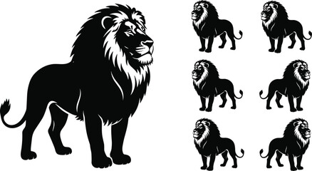Collection of black lion silhouettes featuring a powerful male lion with a thick mane for wildlife  © MstAnkhi
