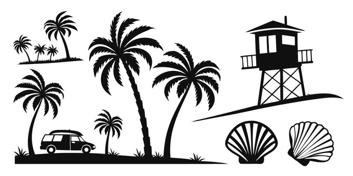 A serene beach scene with palm trees, a lifeguard tower, and a car Vector