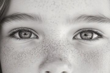A close-up portrait of a girl with freckles and striking eyes.