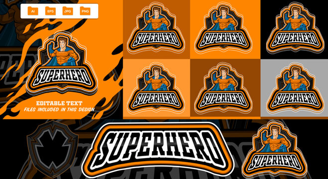 Powerful male superhero mascot logo design. Muscular cap wearing hero in a classic blue and orange costume with flowing cape, striking a heroic pose inside a bold shield editable vector. eps