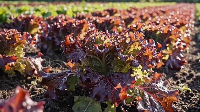 Rows of fresh red lettuce plants growing in a sunny agricultural field