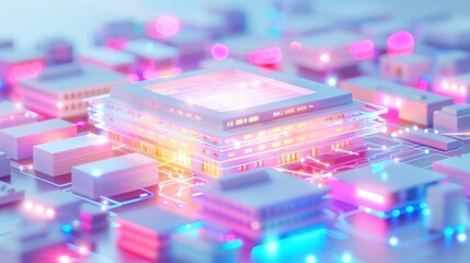 Fototapeta premium A computer chip is shown in a cityscape with bright lights. The chip is surrounded by buildings and other electronic devices, giving the impression of a futuristic city