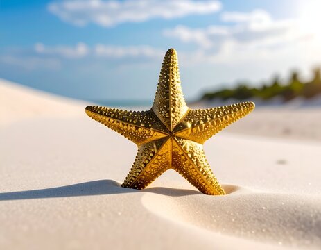 Golden starfish resting on pristine white sand beach under blue sky; bright inviting tropical vacation scene for travel and relaxation imagery