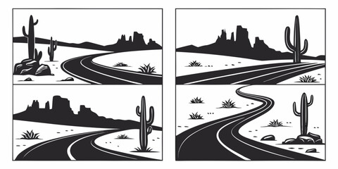 Four distinct desert landscapes showcasing unique terrain and vegetation. Vector © Jahid
