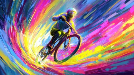 Painterly depiction of cyclist speeding through colorful, abstract energy swirls