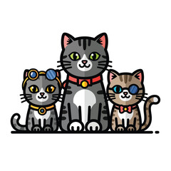 Obraz premium Three cats with goggles and collars sitting together viewed from the front in a simple illustration