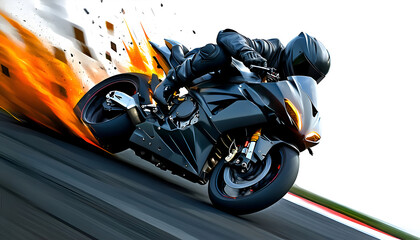 Dynamic Black Motorcycle Racing on Asphalt with Fire Effects and Speed Blur.