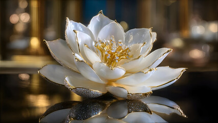 Elegant White Lotus Flower with Golden Accents Reflecting in Calm Water, Serene Beauty.