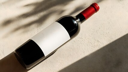 Elegant Wine Bottle Resting on a Surface with a Blank Label and Red Foil.