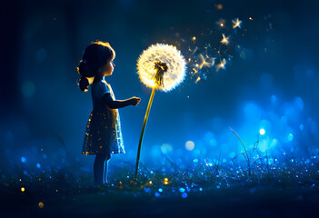 Enchanting Little Girl Gazing at a Glowing Dandelion in a Magical Nighttime Scene.
